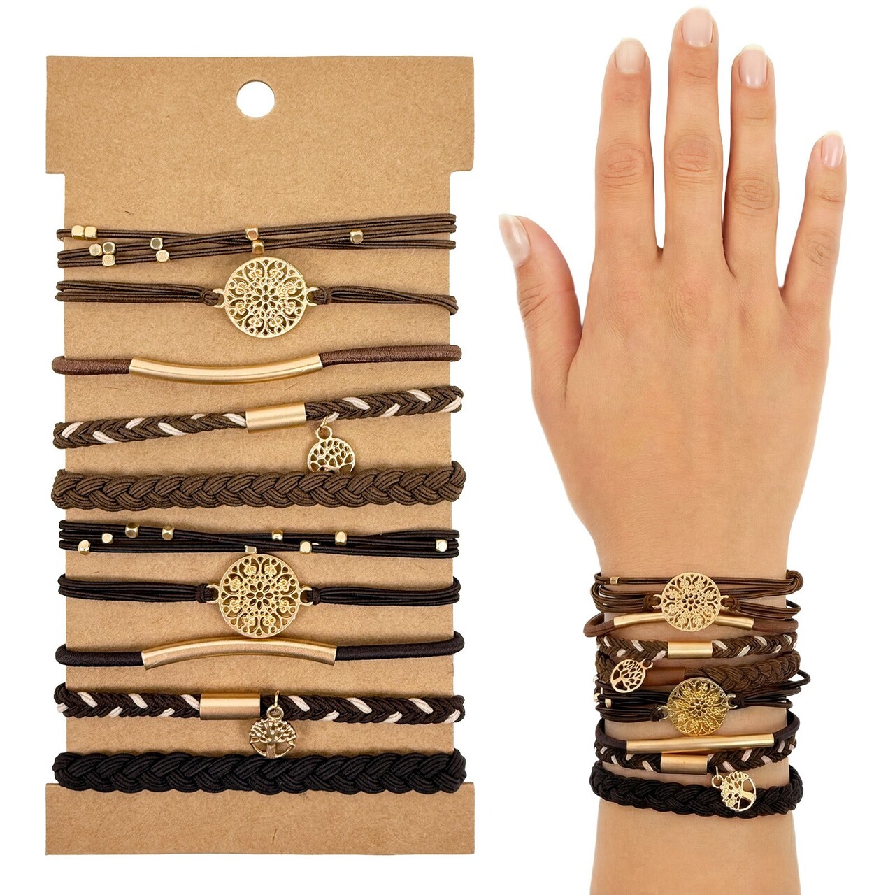 Wrapables Charms and Braided Boho Hair Tie Bracelets for Women, No Damage Elastic Hair Bands, Hair Accessories for Ponytails (10pcs), Brown